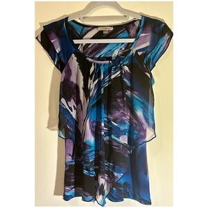 Roz & Ali Abstract Print Blouse Small Purple Blue Layered Chiffon Top